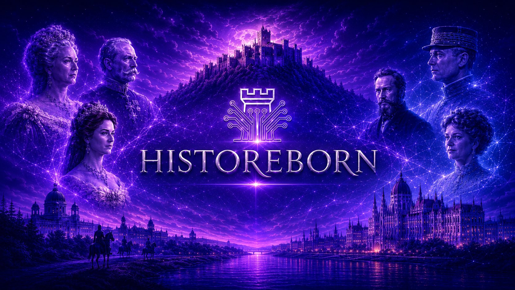 Cinematic visualization of historical figures and the HISTOREBORN castle above a nighttime city